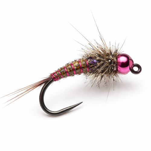 Fishing fly with pink and brown body on a white background