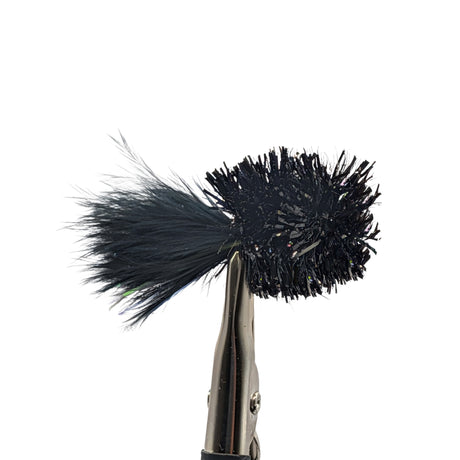 Black blob fly for trout fishing with black fritz body and bright attractor profile