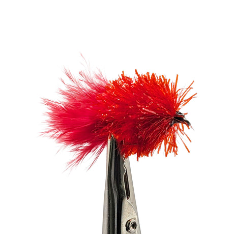 Red blob fly imitation for trout with vivid red fritz body and high-visibility attractor design