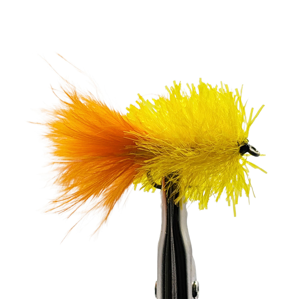 Yellow orange blob fly for trout fishing with bright fritz body and high-visibility attractor profile