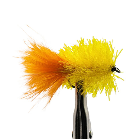 Yellow orange blob fly for trout fishing with bright fritz body and high-visibility attractor profile