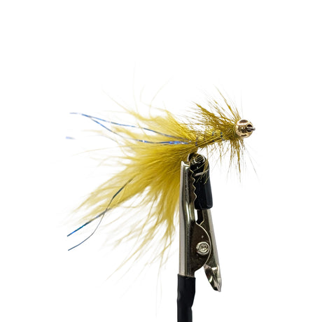Blue Flash Damsel lure trout fly with blue body and flash material angled image
