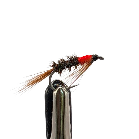 Diawl Bach red neck nymph fly for trout fishing with peacock body, red collar and slim profile