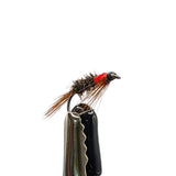 Macro close-up of Diawl Bach red neck nymph with peacock body and hotspot collar