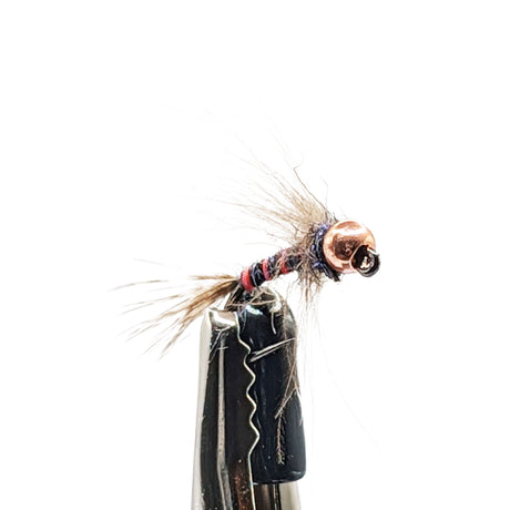 Fishing tungsten nymph fly on a hook against a white background