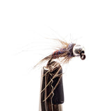 Fishing nymph on a hook against a white background