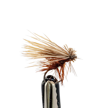 Elk Hair Caddis dry fly for trout fishing with tan body, hackle and natural elk hair wing