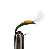 Epoxy olive buzzer nymph fly for trout fishing with olive body, epoxy coating and slim chironomid profile