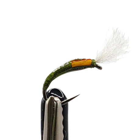 Epoxy olive buzzer nymph fly for trout fishing with olive body, epoxy coating and slim chironomid profile