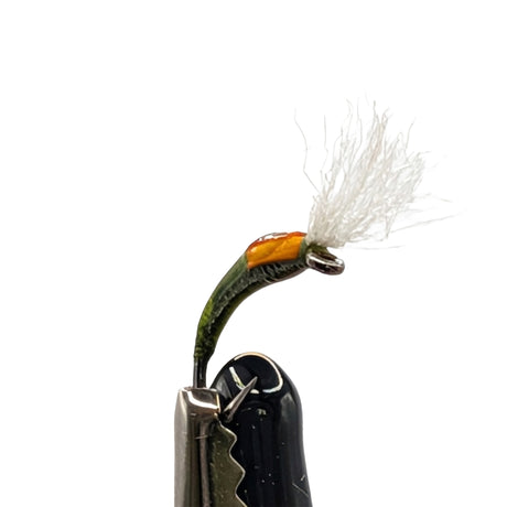 Close-up of epoxy olive buzzer nymph fly for trout fishing showing glossy body and segmentation detail