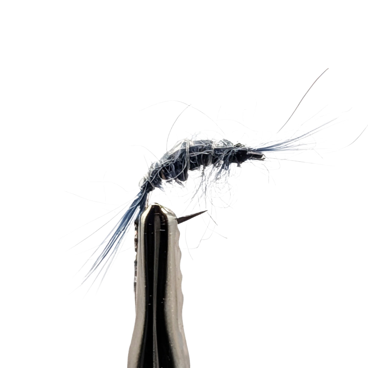 Grey scud nymph fly for trout fishing with segmented grey body, shell back and realistic profile