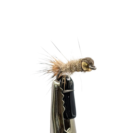 Hare’s Ear gold bead nymph trout fly with natural dubbing and gold bead head angled shot
