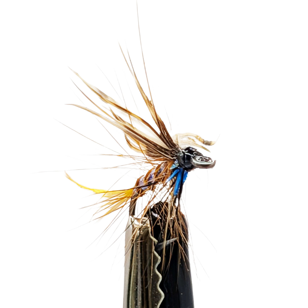 Close-up of a detailed sea trout fly on a white background