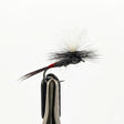 Macro close-up of Iron Blue Dun parachute dry fly with blue grey body and white post