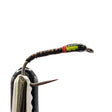 stillwater buzzer nymph with yellow ribs on white background