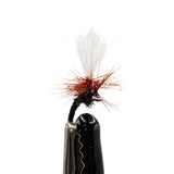 Klinkhammer dry fly black trout pattern with parachute hackle and trailing shuck close up