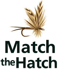 Logo of 'Match the Hatch' with a fly fishing hook on a transparent background