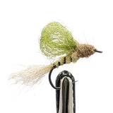 Mayfly emerger fly for trout fishing with natural body, trailing shuck and emerging profile