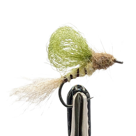 Mayfly emerger fly for trout fishing with natural body, trailing shuck and emerging profile