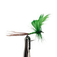 Fishing fly with green body and brown tail on a white background