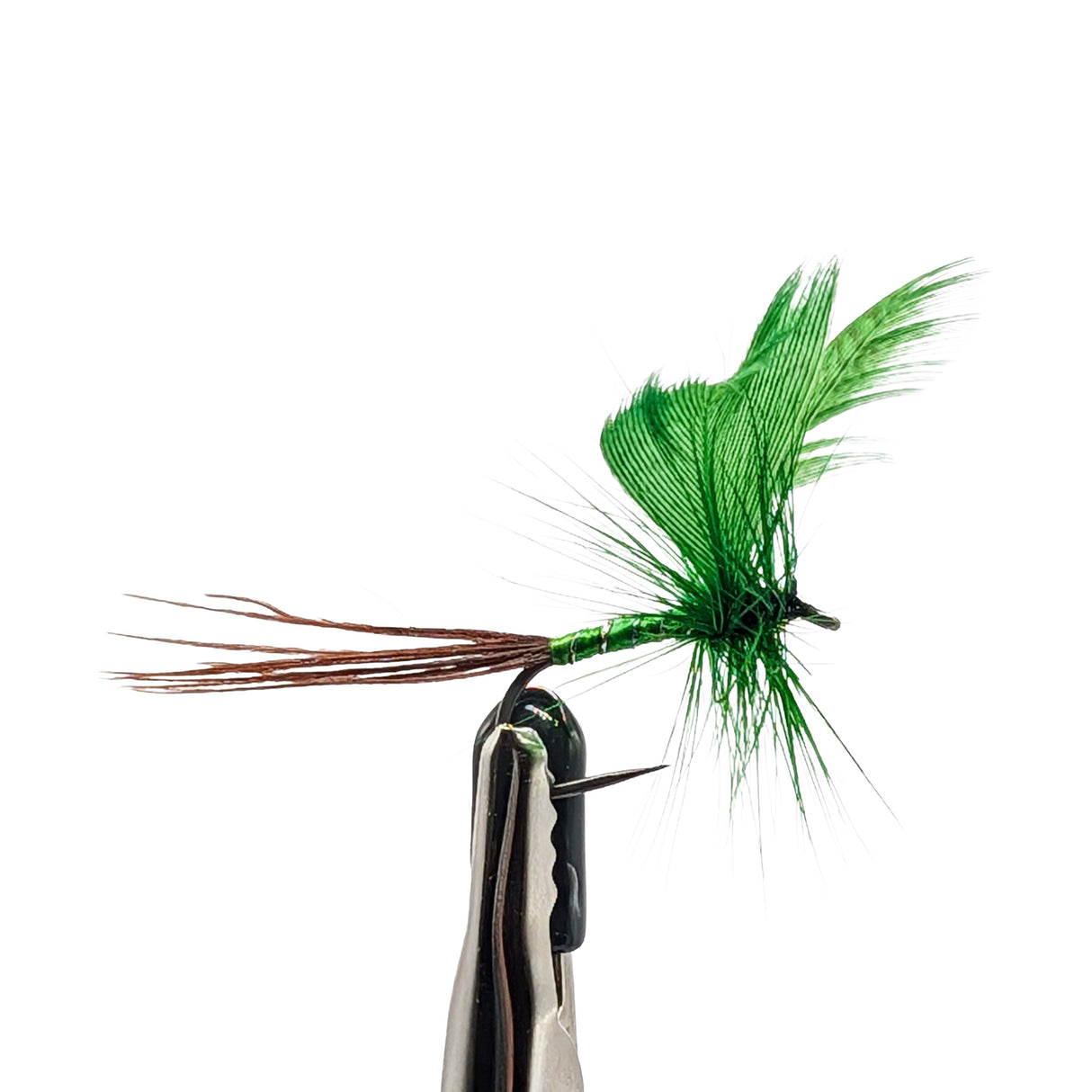 Fishing fly with green body and brown tail on a white background