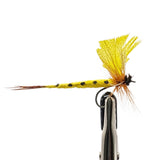 Mayfly Thomas Yellow dry fly for trout fishing with yellow body, upright wings and hackle