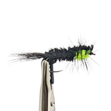 Montana Black and Lime nymph trout  fly with black body and bright green chenille