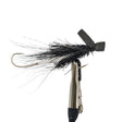 Fishing lure with black feather and metal body on a white background