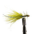 Olive flash damsel nymph fly for trout fishing with olive body, flash material and mobile tail