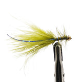 Olive flash damsel nymph fly for trout fishing with olive body, flash material and mobile tail
