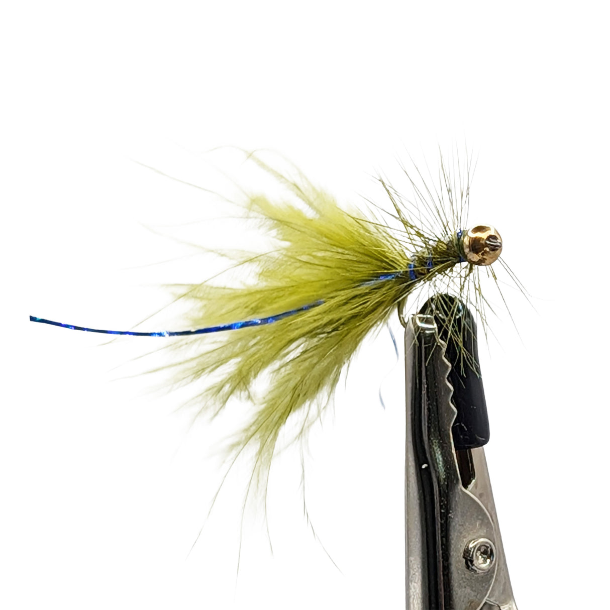 Close-up of olive flash damsel nymph fly for trout fishing showing flash material and body detail