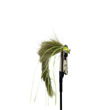 Olive Snake lure trout fly with long flowing body and olive marabou tail close up