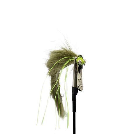 Olive Snake lure trout fly with long flowing body and olive marabou tail close up