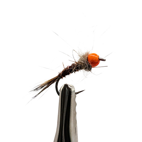 Orange Head Mary tungsten bead nymph for trout fishing with tungsten bead head, orange hotspot and slim nymph profile