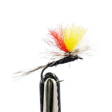Parachute Adams tricolour dry fly for trout fishing with banded body, parachute hackle and yellow and red post