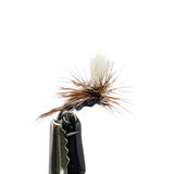 Close-up of Parachute Adams dry fly for trout fishing showing grey body and parachute hackle detail
