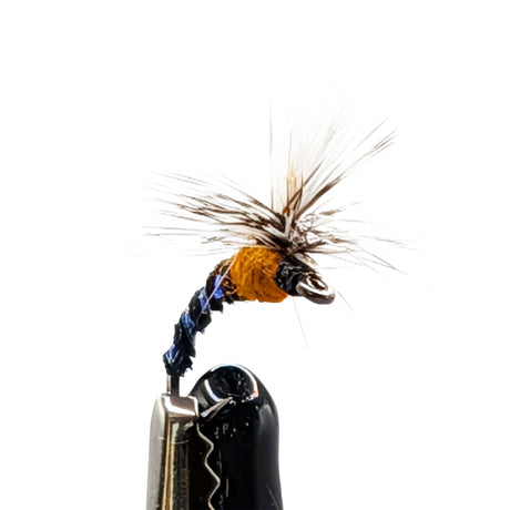 Fishing fly on a hook against a white background