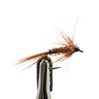 Fishing wet fly with brown and black body on a white background