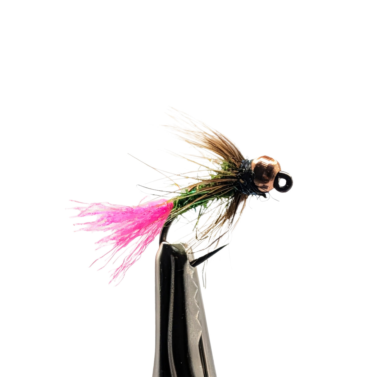 Macro close-up of Pink Tag jig nymph with tungsten bead and pink hotspot
