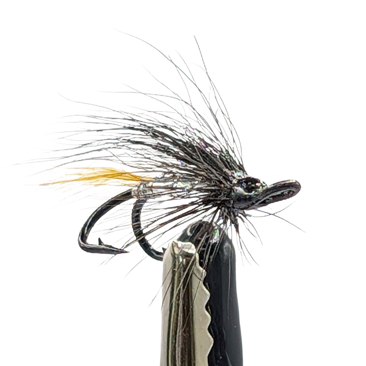 Fishing fly with black and yellow details on a white background