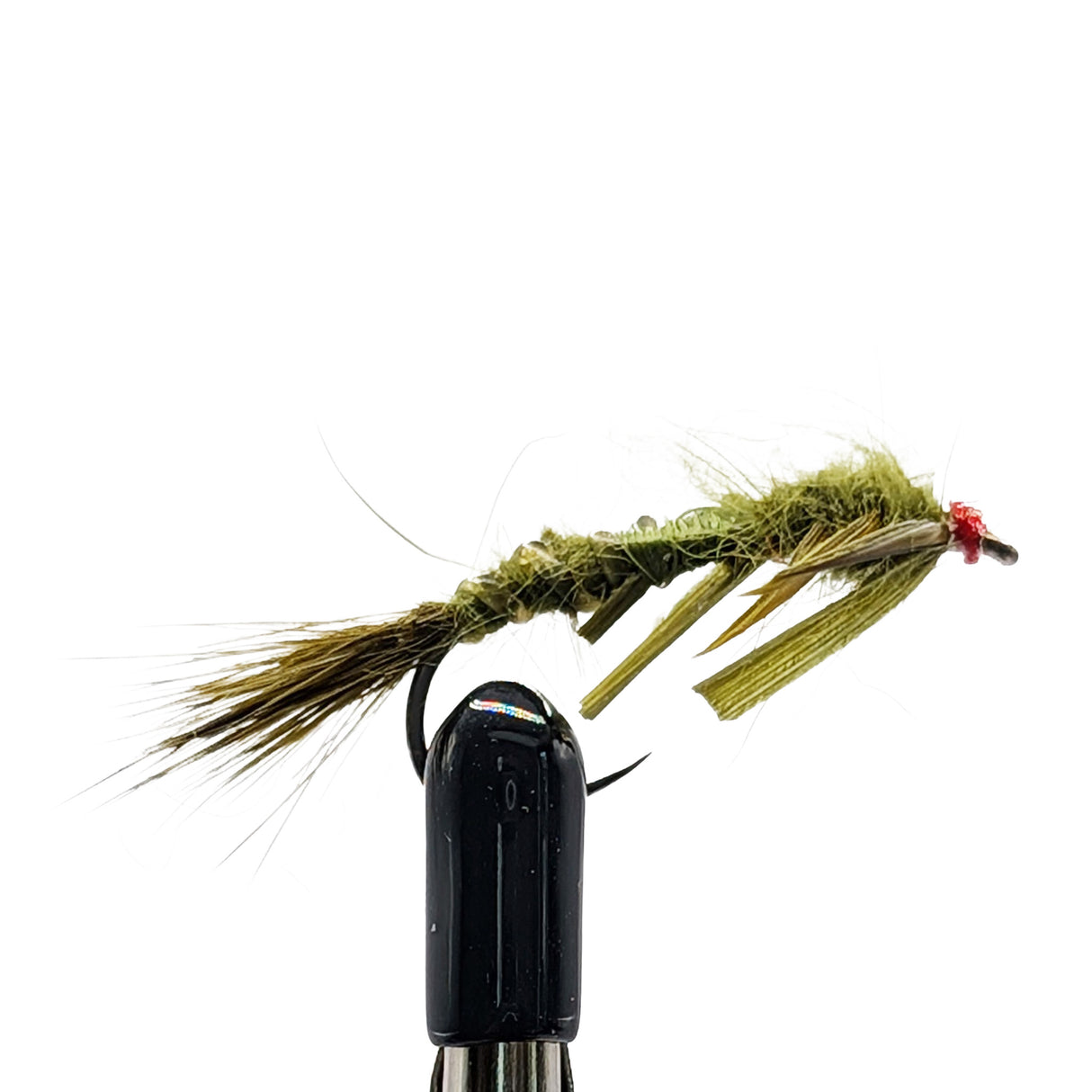 Fishing fly nymph with a black hook on a white background