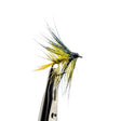 Close-up of Golden Olive Bumble wet fly for trout fishing showing olive and gold body and hackle detail