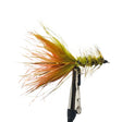 Fishing streamer fly with orange and green feathers on a white background
