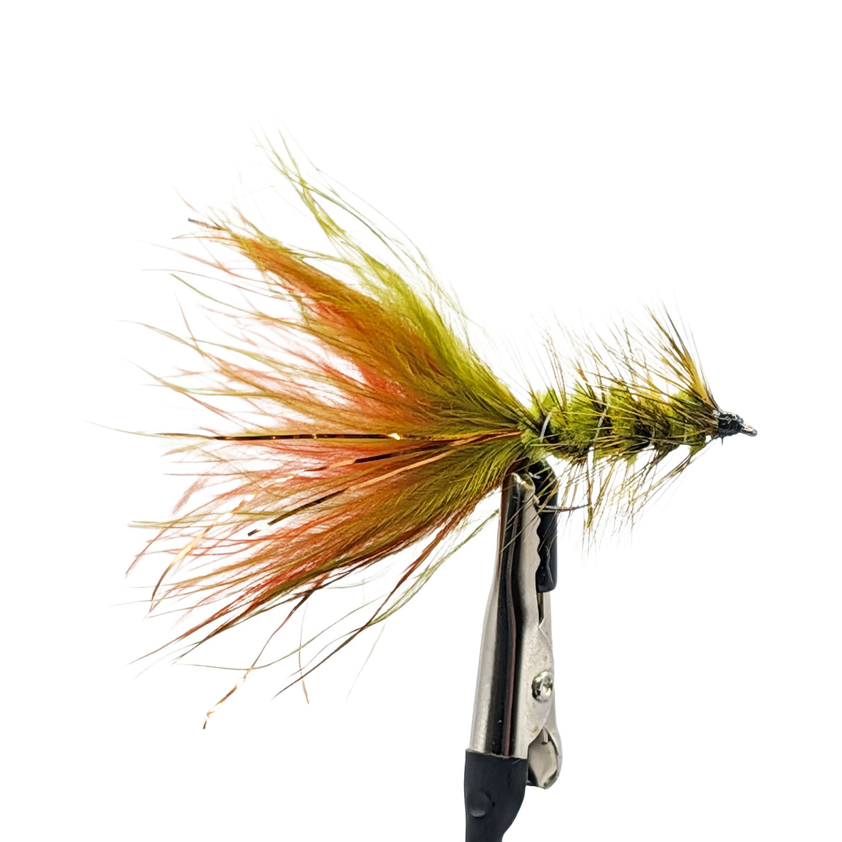 Fishing streamer fly with orange and green feathers on a white background