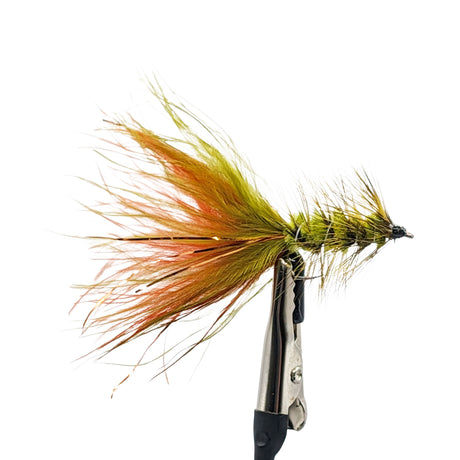 Fishing streamer fly with orange and green feathers on a white background