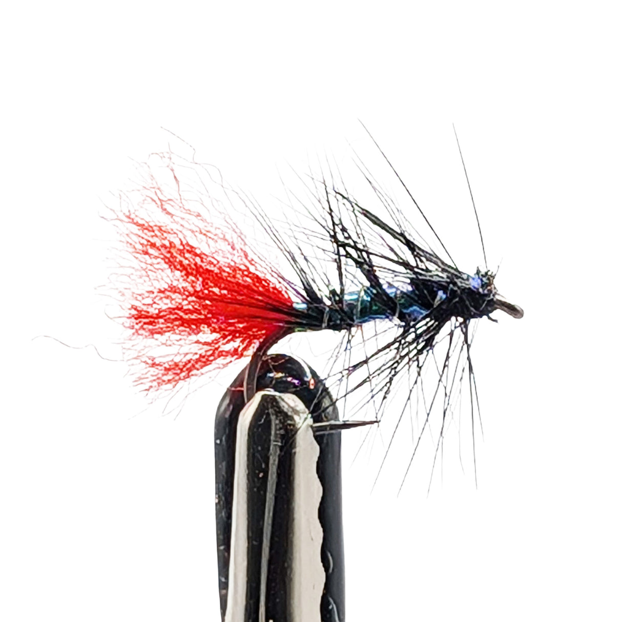 Fishing fly with red and black details on a white background
