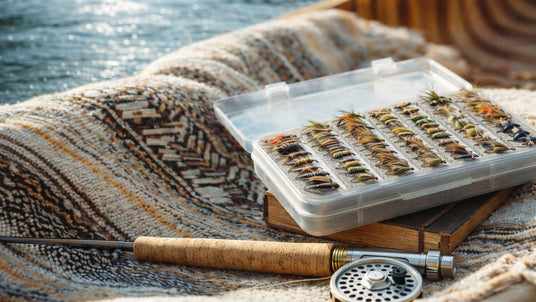 premium fishing flies, rod and reel on a wood boat
