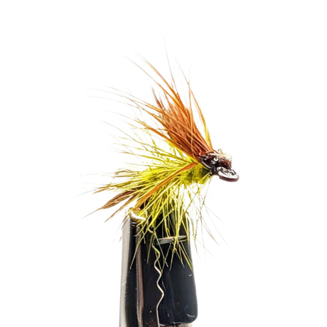Fishing fly with yellow and brown feathers on a white background
