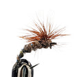 Close-up of a fly fishing fly with brown and black details on a white background