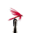 A red wet fly fishing lure with bright red feathers with gold line ribs